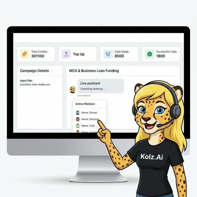 Kolz AI MCA Dashboard UI showing funding requests and merchant status